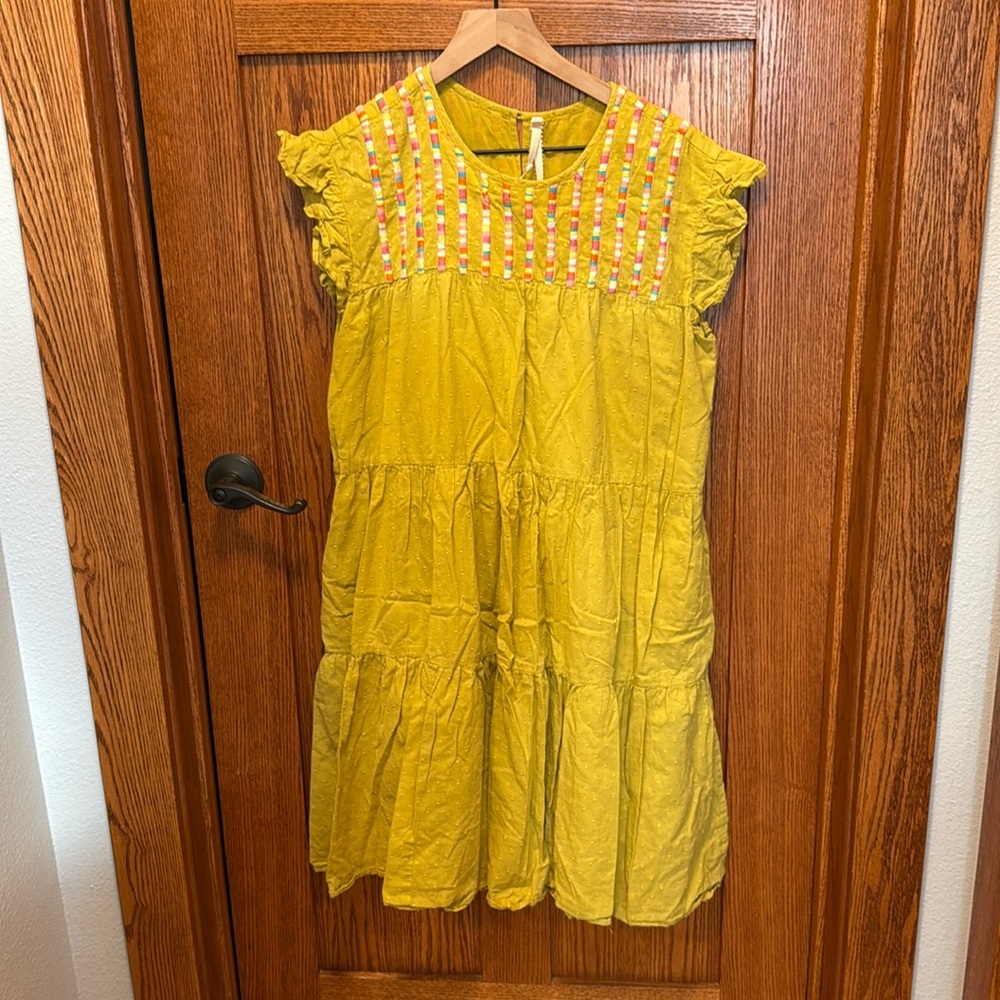 Yellow Ruffle Sleeve Dress with Embroidered Detail